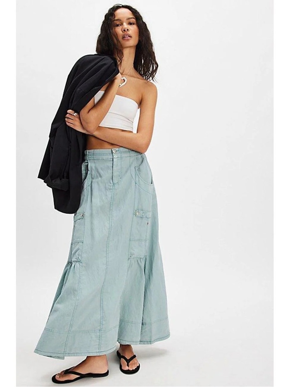 Free People Rough‎ Riding Maxi Skirt Sterling Blue XS Utility